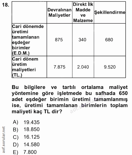 18. soru: Direkt lik Devralinan Madde Sekillendirme Maliyetler ve Malzeme Cari dönemde tamamlanan 875 340 680 eşdeğer birimler…