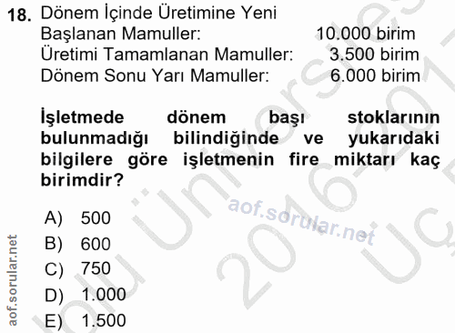 18. soru: Dönem İçinde Üretimine Yeni Başlanan Mamuller: 10.000 birim Üretimi Tamamlanan Mamuller: 3.500 birim Dönem Sonu Yarı…