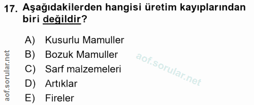 17. soru: Aşağıdakilerden hangisi üretim kayıplarından biri değildir? A) Kusurlu Mamuller B) Bozuk Mamuller C) Sarf malzemeleri…