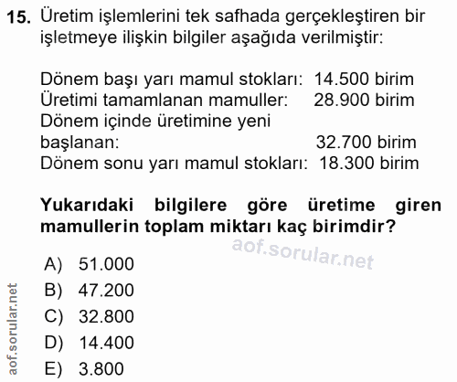 15. soru: Üretim işlemlerini tek safhada gerçekleştiren bir işletmeye ilişkin bilgiler aşağıda verilmiştir: Dönem başı yarı mam…