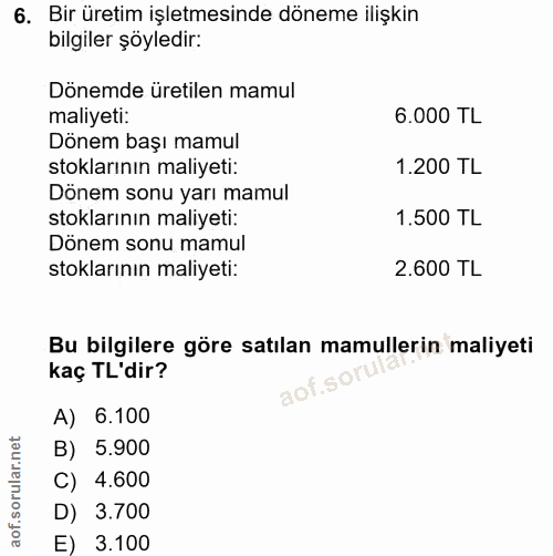 6. soru: Bir üretim işletmesinde döneme ilişkin bilgiler şöyledir: Dönemde üretilen mamul maliyeti: 6.000 TL Dönem başı mamul…