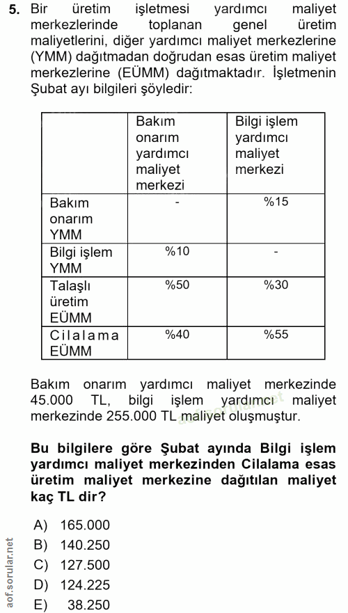 5. soru: Bir üretim işletmesi yardımcı maliyet malikeerim, diğer yaramaı maliyet merkezirie merkezlerinde (YMM) dağıtmadan doğ…