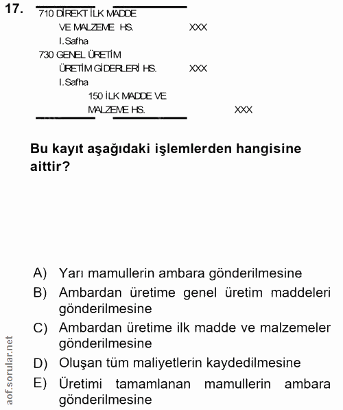 17. soru: 710 DIREKTILK MÃDOE VE MALZEME HS. xxx I.Safha 730 GENEL ÜRETİM ÜRETIM GIDERLER HS. xxX I. Safha 150 İLK MADDE VE MAL…