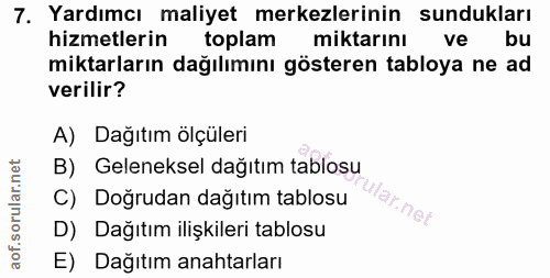 7. soru: Yardımcı maliyet merkezlerinin sundukları hizmetlerin toplam miktarını ve bu miktarların dağılımını gösteren tabloya…