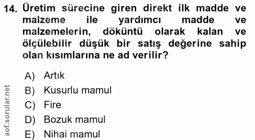 14. soru: Uretim sürecine giren direkt ilk madde ve malzeme ile yardımcı madde ve malzemelerin, döküntü olarak kalan ve ölçüleb…