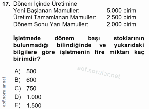 17. soru: Dönem İçinde Üretimine Yeni Başlanan Mamuller: 5.000 birim Üretimi Tamamlanan Mamuller: 2.500 birim Dönem Sonu Yarı M…