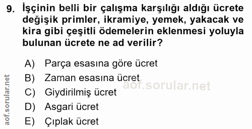 9. soru: İşçinin belli bir çalışma karşılığı aldığı ücrete değişik primler, ikramiye, yemek, yakacak ve kira gibi çeşitli ödem…