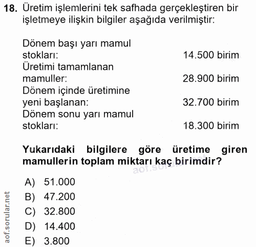 18. soru: Üretim işlemlerini tek safhada gerçekleştiren bir işletmeye ilişkin bilgiler aşağıda verilmiştir: Dönem başı yarı mam…