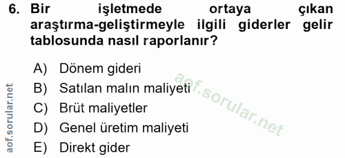 6. soru: Bir işletmede ortaya çıkan araştırma-geliştirmeyle ilgili giderler gelir tablosunda nasıl raporlanır? A) Dönem gideri…