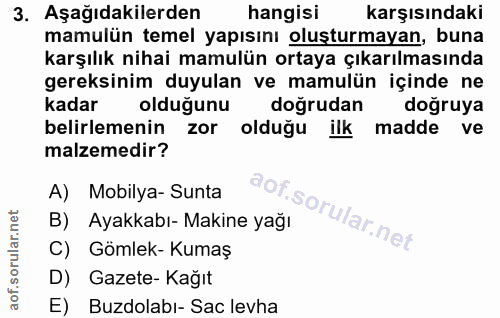 3. soru: Aşağıdakilerden hangisi karşısındaki mamulün temel yapısını oluşturmayan, buna karşılık nihai mamulün ortaya çıkarılm…