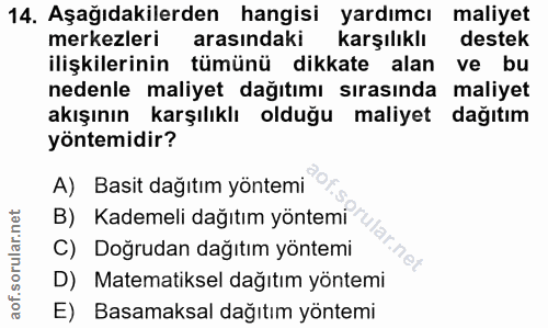 14. soru: Aşağıdakilerden hangisi yardımcı maliyet merkezleri arasındaki karşılıklı destek ilişkilerinin tümünü dikkate alan ve…