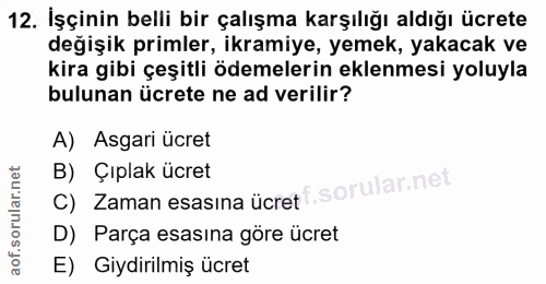 12. soru: İşçinin belli bir çalışma karşılığı aldığı ücrete değişik primler, ikramiye, yemek, yakacak ve kira gibi çeşitli ödem…