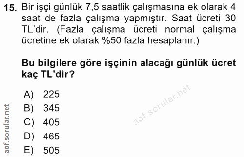 15. soru: Bir işçi günlük 7,5 saatlik çalışmasına ek olarak 4 saat de fazla çalışma yapmıştır. Saat ücreti 30 TL'dir. (Fazla ça…