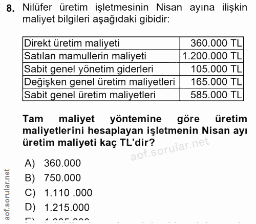 8. soru: Nilüfer üretim işletmesinin Nisan ayına ilişkin maliyet bilgileri aşağıdaki gibidir: Direkt üretim maliyeti 360.000 T…