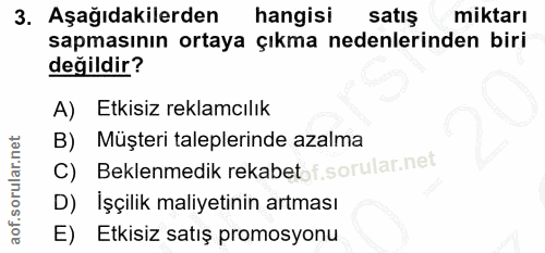 3. soru: Aşağıdakilerden hangisi satış miktarı sapmasının ortaya çıkma nedenlerinden biri değildir? A) Etkisiz reklamcılık B)…