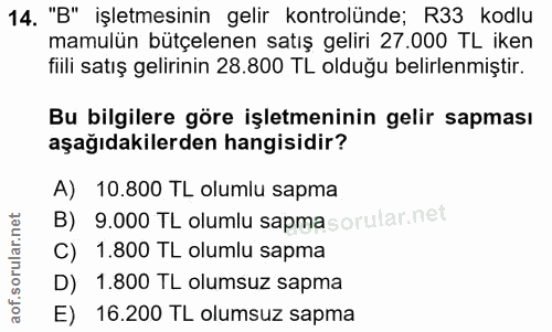 14. soru: "B" işletmesinin gelir kontrolünde; R33 kodlu mamulun bütçelenen satış geliri 27.000 TL iken fiili satış gelirinin 28…