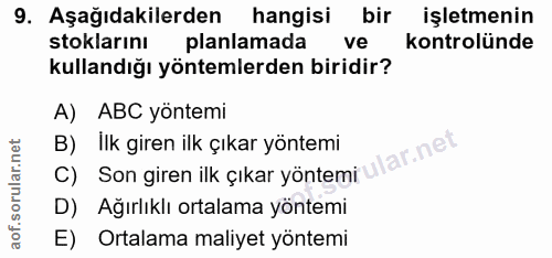 9. soru: Aşağıdakilerden hangisi bir işletmenin stoklarını planlamada ve kontrolünde kullandığı yöntemlerden biridir? A) ABC y…