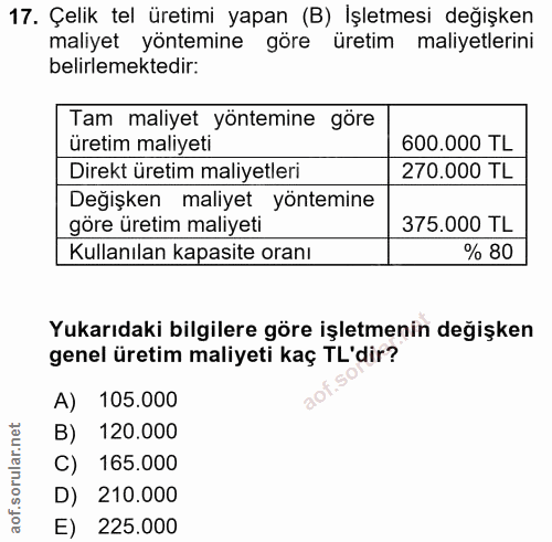 17. soru: Çelik tel üretimi yapan (B) İşletmesi değişken maliyet yöntemine göre üretim maliyetlerini belirlemektedir: Tam maliy…