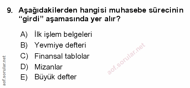9. soru: Aşağıdakilerden hangisi muhasebe sürecinin "girdi" aşamasında yer alır? A) Ilk işlem belgeleri B) Yevmiye defteri lar…