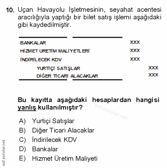 10. soru: Uçan Havayolu İşletmesinin, seyahat acentesi aracılığıyla yaptığı bir bilet satış işlemi aşağıdaki gıbi kaydedilmıştı…