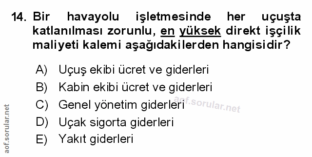 14. soru: Bir havayolu işletmesinde her uçuşta katlanılması zorunlu, en yüksek direkt işçilik maliyeti kalemi aşağıdakilerden h…