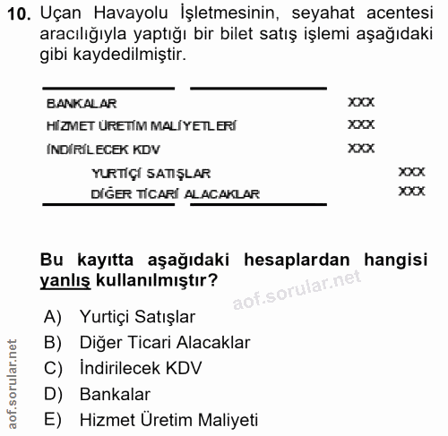10. soru: Uçan Havayolu İşletmesinin, seyahat acentesi aracılığıyla yaptığı bir bilet satış işlemi aşağıdaki gibi kaydedilmişti…