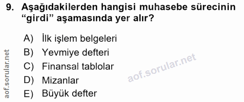 9. soru: Aşağıdakilerden hangisi muhasebe sürecinin "girdi" aşamasında yer alır? A) ilk işlem belgeleri B) Yevmiye defteri C)…
