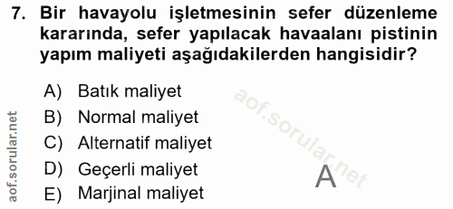 7. soru: Bir havayolu işletmesinin sefer düzenleme kararında, sefer yapılacak havaalanı pistinin yapım maliyeti aşağıdakilerde…