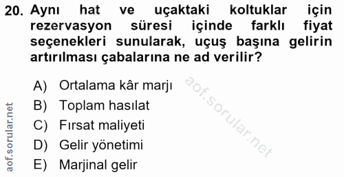 20. soru: Aynı hat ve uçaktaki koltuklar için rezervasyon süresi içinde farklı fiyat seçenekleri sunularak, uçuş başına gelirin…