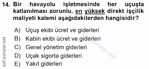 14. soru: Bir havayolu işletmesinde her uçuşta katlanılması zorunlu, en yüksek direkt işçilik maliyeti kalemi aşağıdakilerden h…
