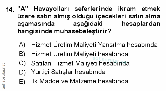 14. soru: "A" Havayolları seferlerinde ikram etmek üzere satın almış olduğu içecekleri satın alma aşamasında aşağıdaki hesaplar…