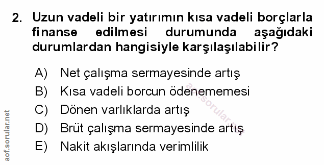 2. soru: Uzun vadeli bir yatırımın kısa vadeli borçlarla finanse edilmesi durumunda aşağıdaki durumlardan hangisiyle karşılaşı…