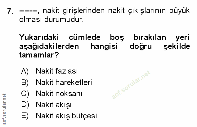 7. soru: --, nakit girişlerinden nakit çıkışlarının büyük olması durumudur. Yukarıdaki cümlede boş bırakılan yeri aşağıdakiler…