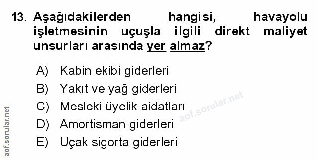 13. soru: Aşağıdakilerden hangisi, havayolu işletmesinin uçuşla ilgili direkt maliyet unsurları arasında yer almaz? A) Kabin ek…