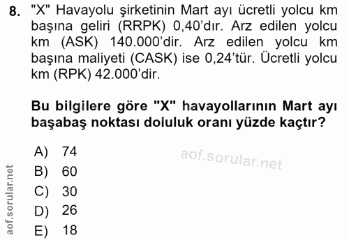 8. soru: "X" Havayolu şirketinin Mart ayı ücretli yolcu km başına geliri (RRPK) 0,40'dır. Arz edilen yolcu km (ASK) 140.000'di…