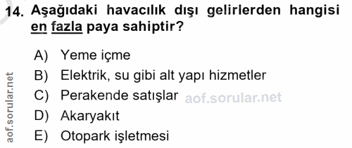 14. soru: Aşağıdaki havacılık dışı gelirlerden hangisi en fazla paya sahiptir? A) Yeme içme rular.net B) Elektrik, su gibi alt…
