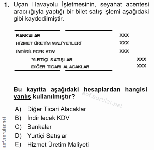1. soru: Uçan Havayolu İşletmesinin, seyahat acentesi aracılığıyla yaptığı bir bilet satış işlemi aşağıdaki gibi kaydedilmişti…