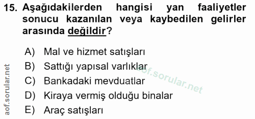 15. soru: Aşağıdakilerden hangisi yan faaliyetler sonucu kazanılan veya kaybedilen gelirler arasında değildir? A) Mal ve hizmet…