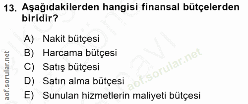 13. soru: Aşağıdakilerden hangisi finansal bütçelerden biridir? A) Nakit bütçesi B) Harcama bütçesi sorular.ne! C) Satış bütçes…