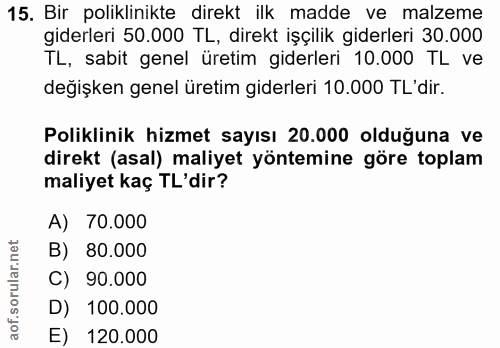 15. soru: Bir poliklinikte direkt ilk madde ve malzeme giderleri 50.000 TL, direkt işçilik giderleri 30.000 TL, sabit genel üre…