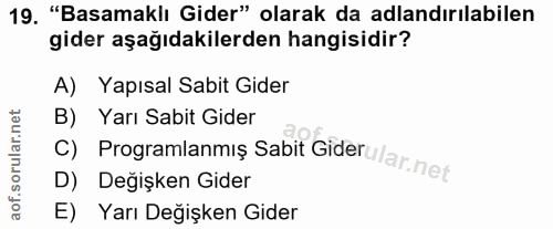 19. soru: "Basamaklı Gider" olarak da adlandırılabilen gider aşağıdakilerden hangisidir? A) Yapısal Sabit Gider B) Yarı Sabit G…