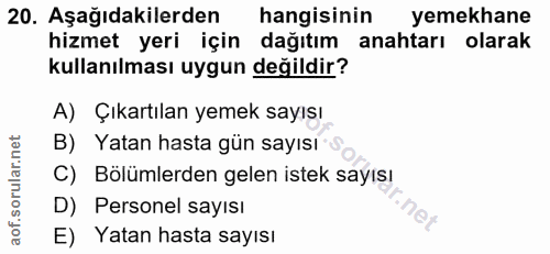 20. soru: Aşağıdakilerden hangisinin yemekhane hizmet yeri için dağıtım anahtarı olarak kullanılması uygun değildir? A) Çıkartı…