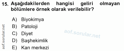 15. soru: Aşağıdakilerden hangisi geliri olmayan bölümlere örnek olarak verilebilir? A) Biyokimya B) Patoloji C) Diyet D) Başhe…