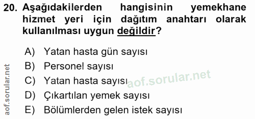 20. soru: Aşağıdakilerden hangisinin yemekhane hizmet yeri için dağıtım anahtarı olarak kullanılması uygun değildir? A) Yatan h…