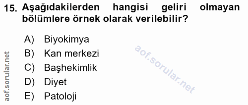 15. soru: Aşağıdakilerden hangisi geliri olmayan bölümlere örnek olarak verilebilir? A) Biyokimya B) Kan merkezi C) Başhekimlik…