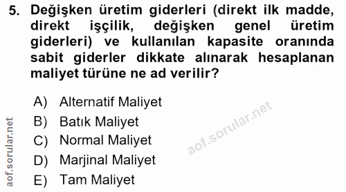 5. soru: Değişken üretim giderleri (direkt ilk madde, direkt işçilik, değişken genel üretim giderleri) ve kullanılan kapasite…