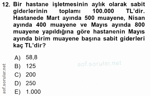 12. soru: Bir hastane işletmesinin aylık olarak sabit giderlerinin toplamı 100.000 TL'dir. Hastanede Mart ayında 500 muayene, N…