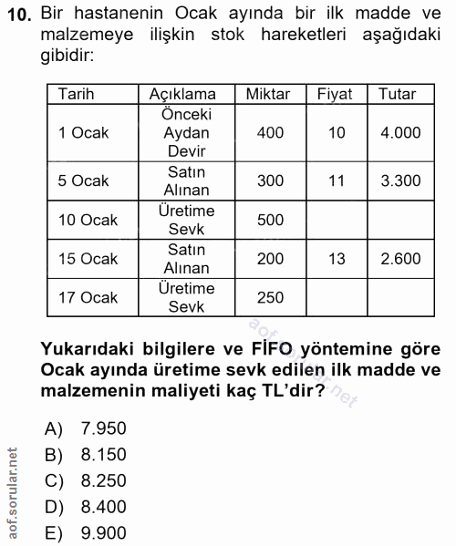 10. soru: Bir hastanenin Ocak ayında bir ilk madde ve malzemeye ilişkin stok hareketleri aşağıdaki gibidir: Tarih Açıklama Mikt…