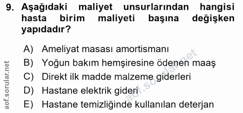 9. soru: Aşağıdaki | maliyet unsurlarından hangisi hasta birim maliyeti başına değişken yapıdadır? A) Ameliyat masası amortism…