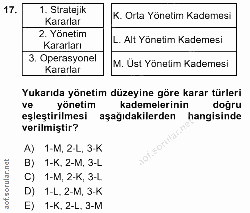 17. soru: 1. Stratejik K. Orta Yönetim Kademesi Kararlar 2. Yönetim L. Alt Yönetim Kademesi Kararları 3. Operasyonel M. Ust Yön…